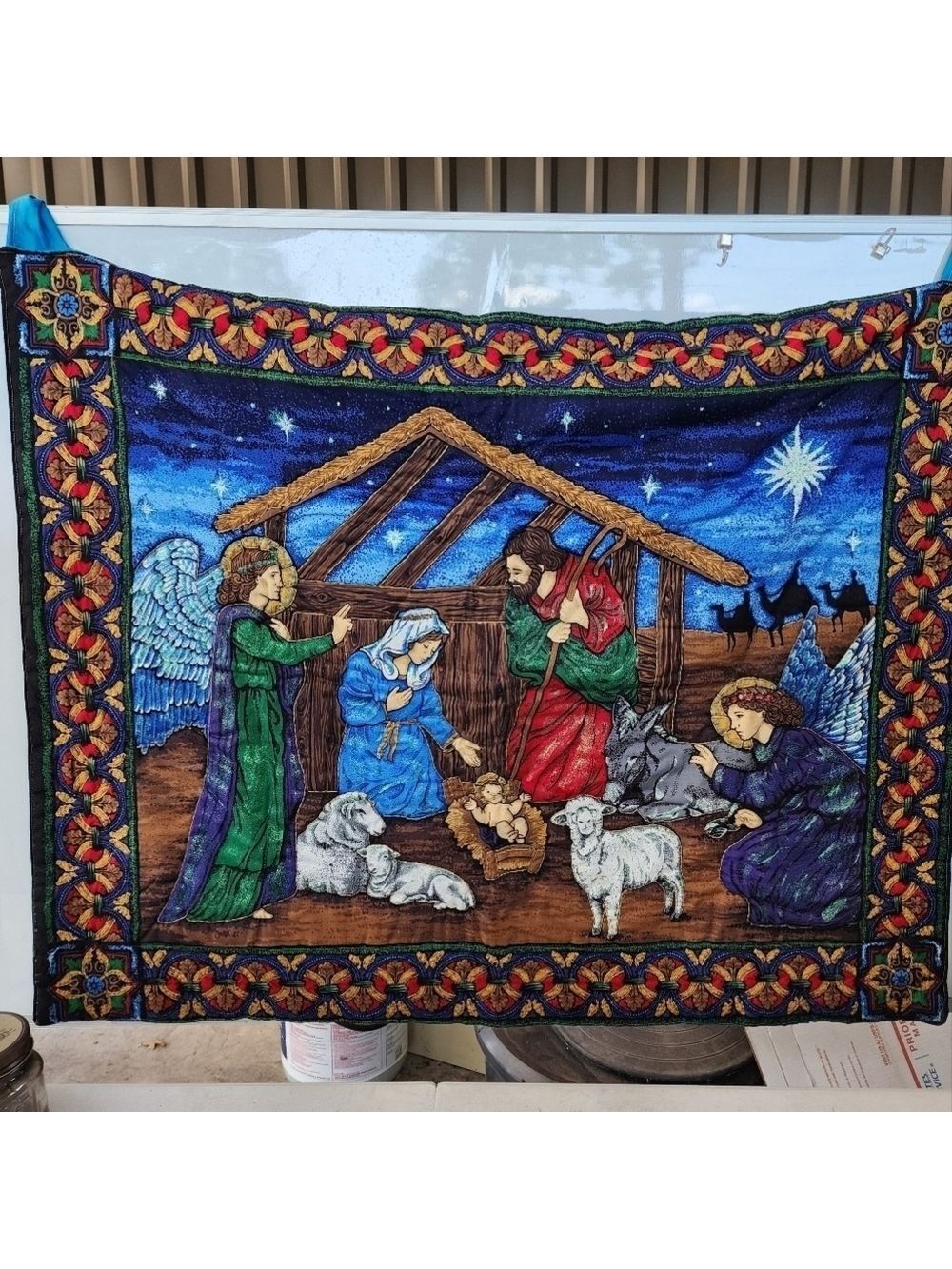 VTG handmade tapestry quilted Nativity scene handstitched bold colors